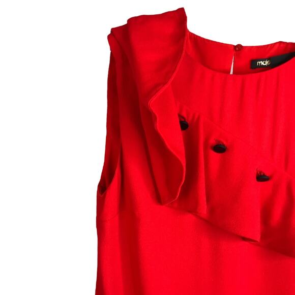 Maje Blouse Womens Sz 1 Red Sleeveless Ruffled Front One Shoulder Top Crew Neck - Picture 4 of 10